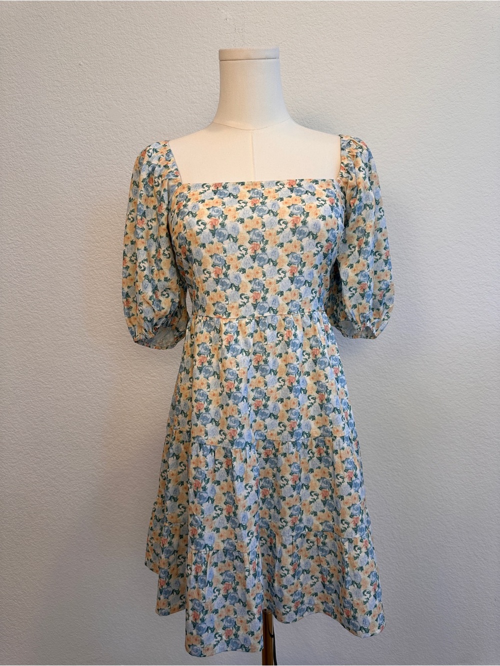 All in Favor Blue & Cream Floral Square-Neck Midi Dress I Size Small